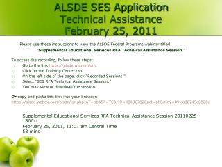 ALSDE SES Application Technical Assistance February 25, 2011
