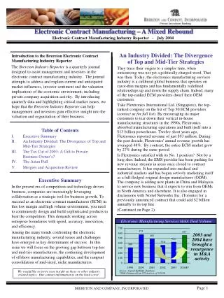 Electronic Contract Manufacturing – A Mixed Rebound Electronic Contract Manufacturing Industry Reporter - July 2004
