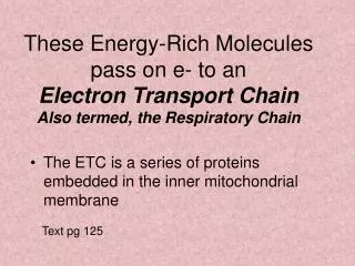 These Energy-Rich Molecules pass on e- to an Electron Transport Chain Also termed, the Respiratory Chain