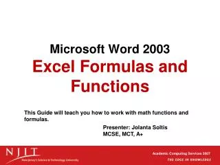 Microsoft Word 2003 Excel Formulas and Functions