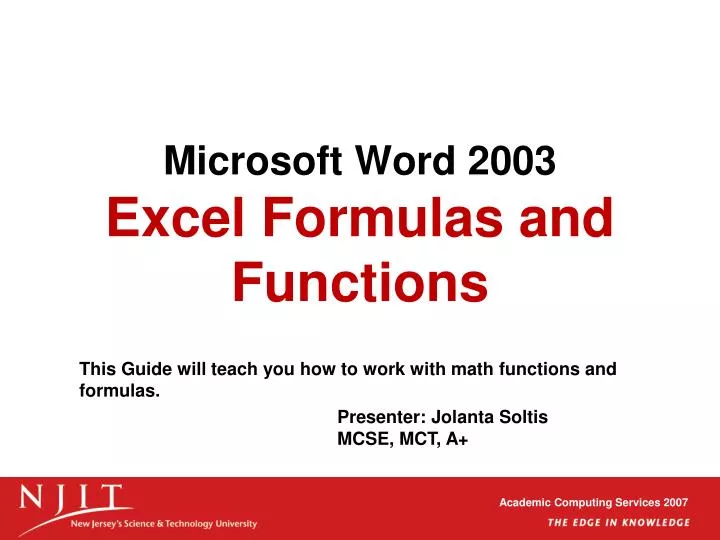 microsoft word 2003 excel formulas and functions