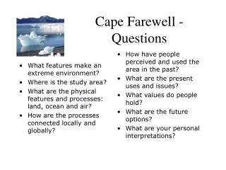 Cape Farewell - Questions