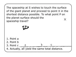 1. Point a 2. Point b 3. Point c 4. Actually, all yield the same total distance.