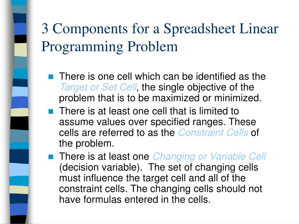 PPT - 3 Components for a Spreadsheet Linear Programming Problem ...