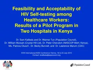 Feasibility and Acceptability of HIV Self-testing among Healthcare Workers: Results of a Pilot Program in Two Hospi