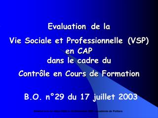Evaluation de la Vie Sociale et Professionnelle (VSP) en CAP dans le cadre du Contrôle en Cours de Formation