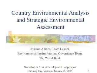 Country Environmental Analysis and Strategic Environmental Assessment
