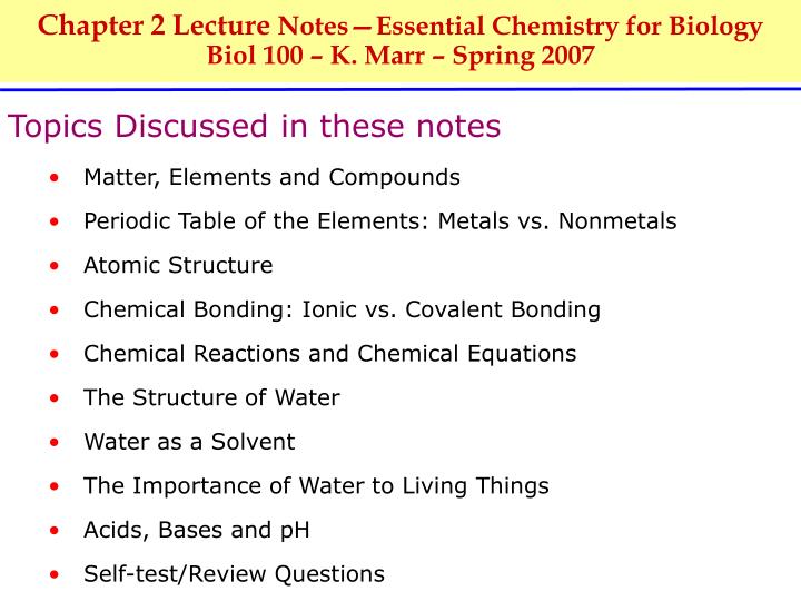 chapter 2 lecture notes essential chemistry for biology biol 100 k marr spring 2007