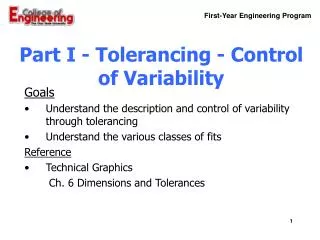 Part I - Tolerancing - Control of Variability
