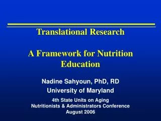 Translational Research A Framework for Nutrition Education