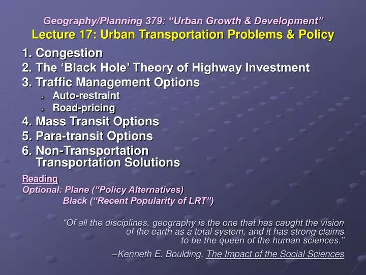 geography planning 379 urban growth development lecture 17 urban transportation problems policy