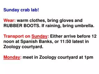 Sunday crab lab! Wear: warm clothes, bring gloves and RUBBER BOOTS. If raining, bring umbrella.