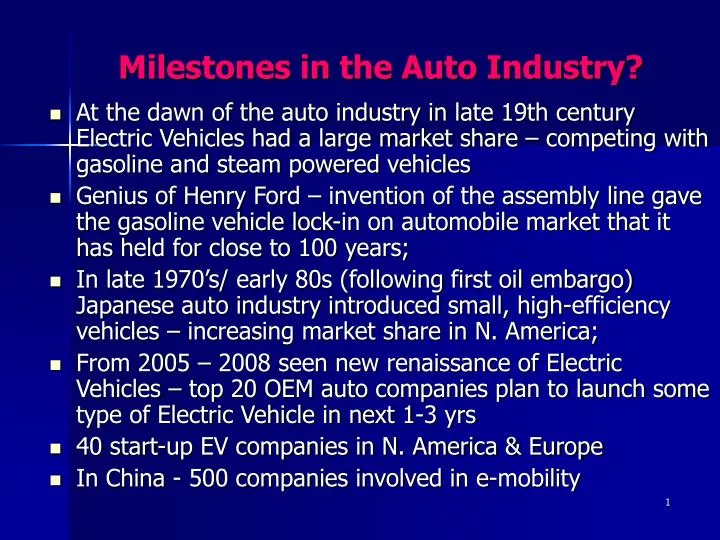 milestones in the auto industry