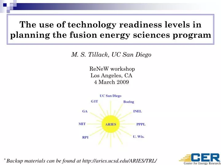 the use of technology readiness levels in planning the fusion energy sciences program