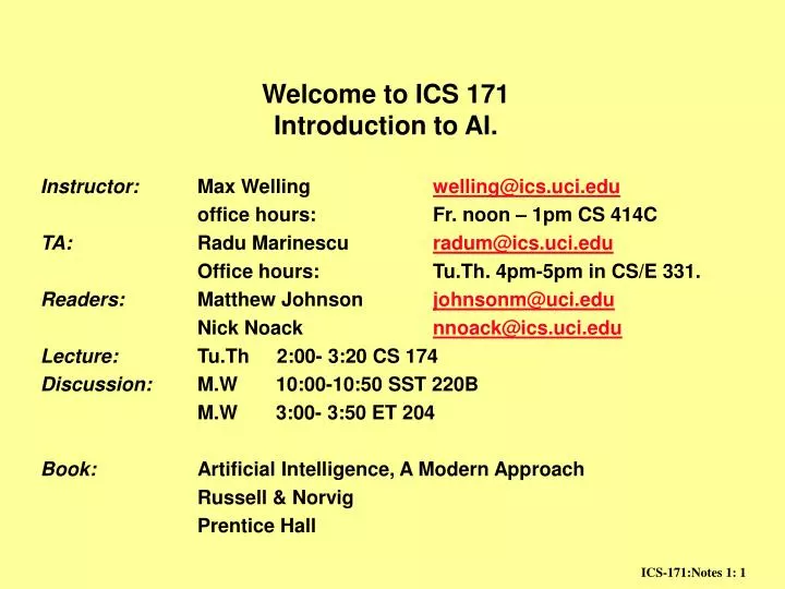 welcome to ics 171 introduction to ai