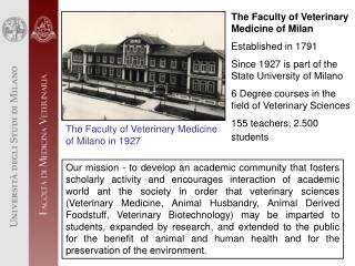 The Faculty of Veterinary Medicine of Milan Established in 1791 Since 1927 is part of the State University of Milano
