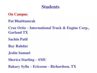 Students On Campus Pat Bhatitamrak Cruz Ortiz – International Truck &amp; Engine Corp., Garland TX Sachin Patil Ray Rahd