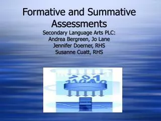 Formative and Summative Assessments Secondary Language Arts PLC: Andrea Bergreen, Jo Lane Jennifer Doerner, RHS Susanne