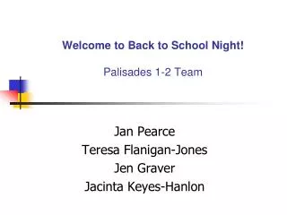 Welcome to Back to School Night! Palisades 1-2 Team