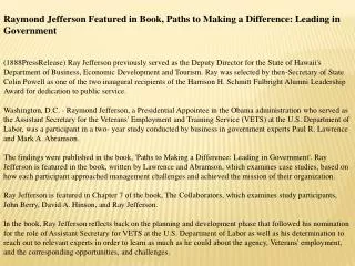 Raymond Jefferson Featured in Book, Paths to Making a Differ