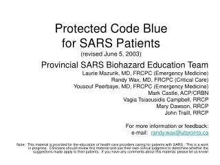 Protected Code Blue for SARS Patients (revised June 5, 2003)