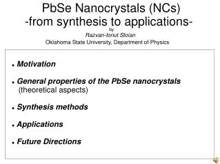 PbSe Nanocrystals (NCs) -from synthesis to applications-