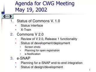 Agenda for CWG Meeting May 19, 2002