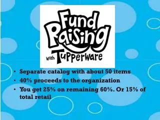 Separate catalog with about 50 items 40% proceeds to the organization You get 25% on remaining 60%. Or 15% of total reta