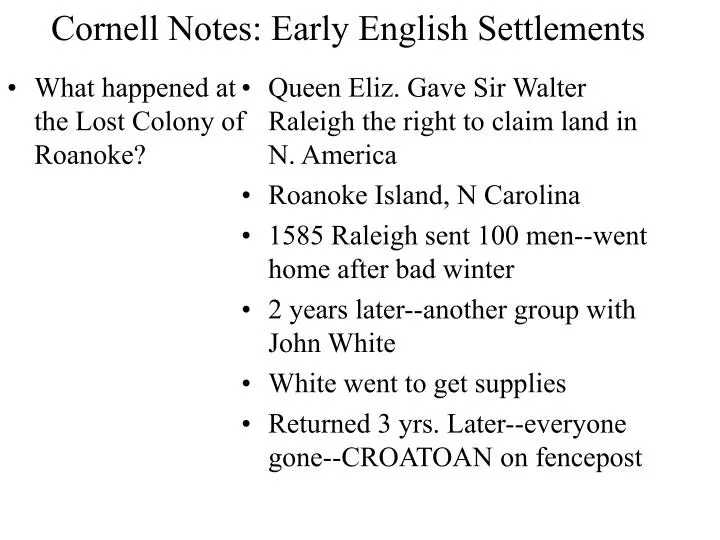 cornell notes early english settlements