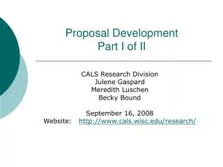 Proposal Development Part I of II