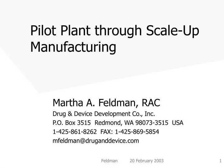 pilot plant through scale up manufacturing