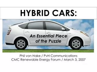 HYBRID CARS: An Essential Piece of the Puzzle Phil von Hake / PvH Communications CMC Renewable Energy Forum / March 3,