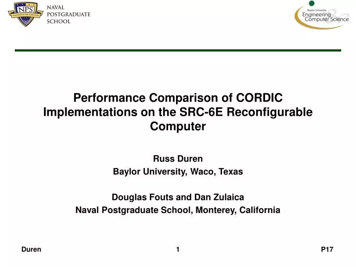 performance comparison of cordic implementations on the src 6e reconfigurable computer