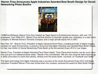 Warren Friss Announces Apple Industries Awarded Best Booth D