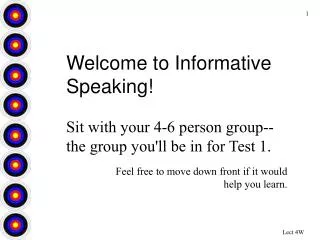 Welcome to Informative Speaking! Sit with your 4-6 person group--the group you'll be in for Test 1.