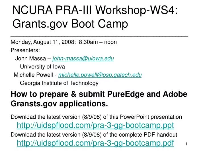 ncura pra iii workshop ws4 grants gov boot camp