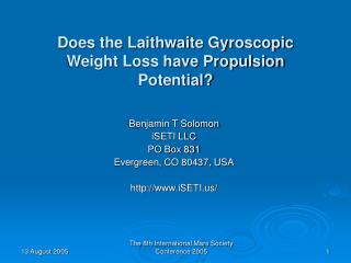 Does the Laithwaite Gyroscopic Weight Loss have Propulsion Potential?