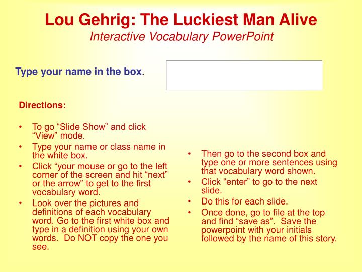 lou gehrig the luckiest man alive interactive vocabulary powerpoint