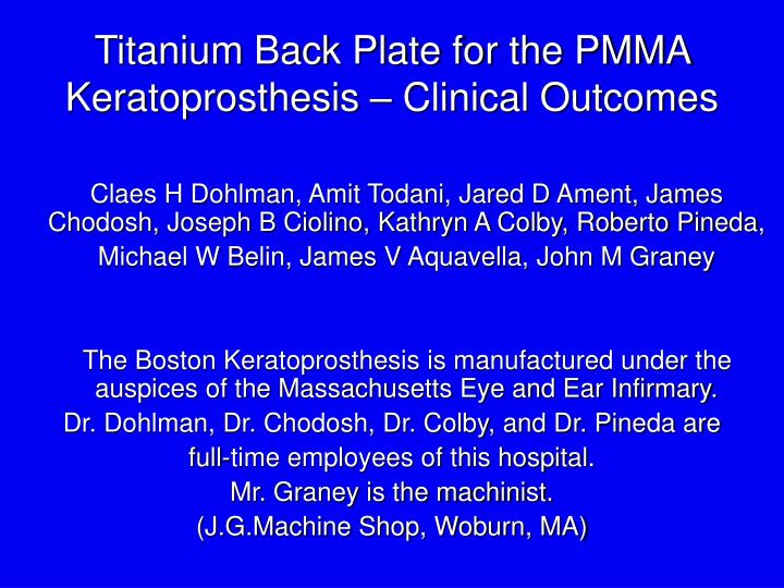 titanium back plate for the pmma keratoprosthesis clinical outcomes