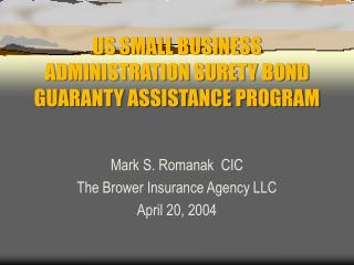 US SMALL BUSINESS ADMINISTRATION SURETY BOND GUARANTY ASSISTANCE PROGRAM