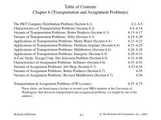 Table of Contents Chapter 6 (Transportation and Assignment Problems)