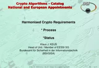 Crypto Algorithms - Catalog National and European Appointments
