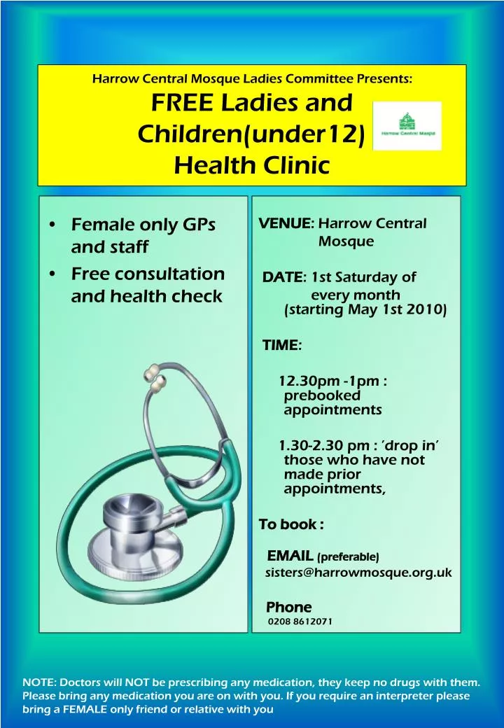 harrow central mosque ladies committee presents free ladies and children under12 health clinic
