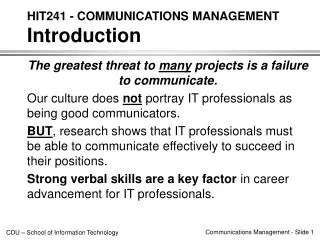 HIT241 - COMMUNICATIONS MANAGEMENT Introduction