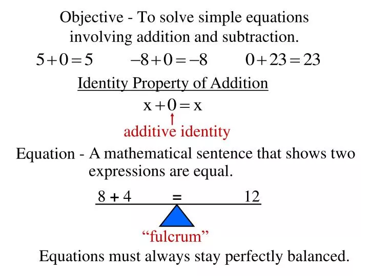 objective to solve simple equations involving addition and subtraction