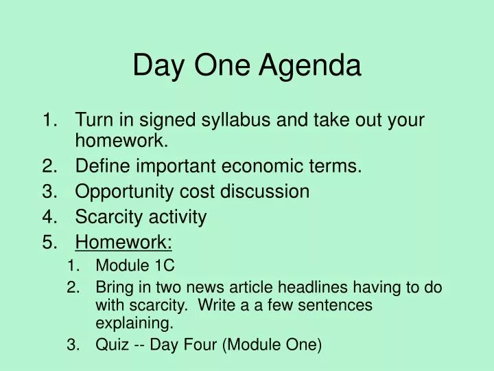 day one agenda