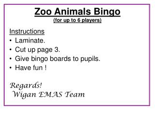 Zoo Animals Bingo (for up to 6 players)