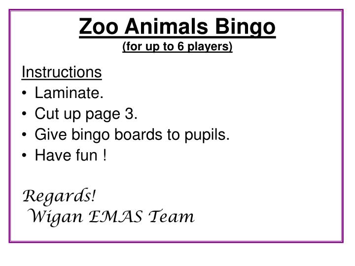 zoo animals bingo for up to 6 players