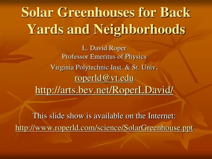 solar greenhouses for back yards and neighborhoods