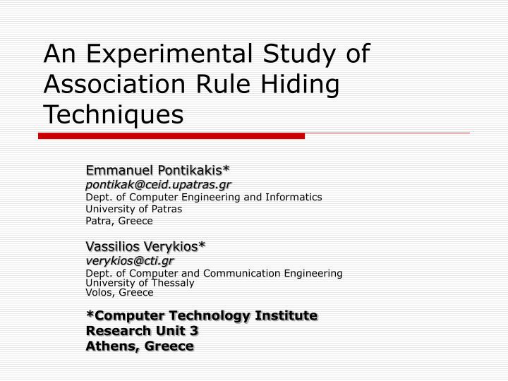 an experimental study of association rule hiding techniques